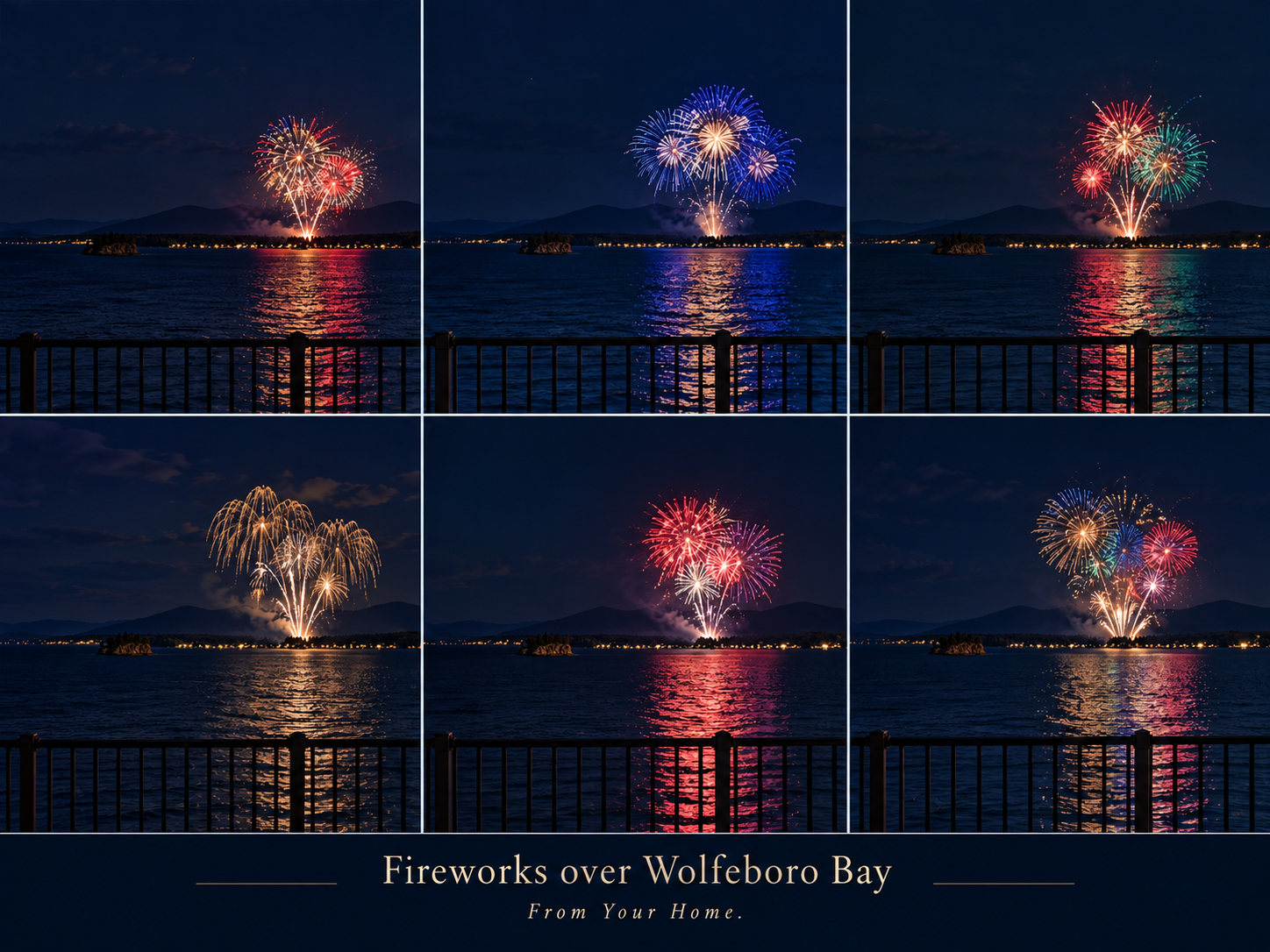 Six views of colorful fireworks reflected over Wolfeboro Bay at night. Fireworks over Wolfeboro Bay — From Your Home.